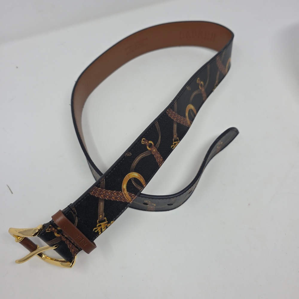 Lauren Ralph Lauren Belt M Equestrian Stirrup Print Manmade Gold Buckle Black
